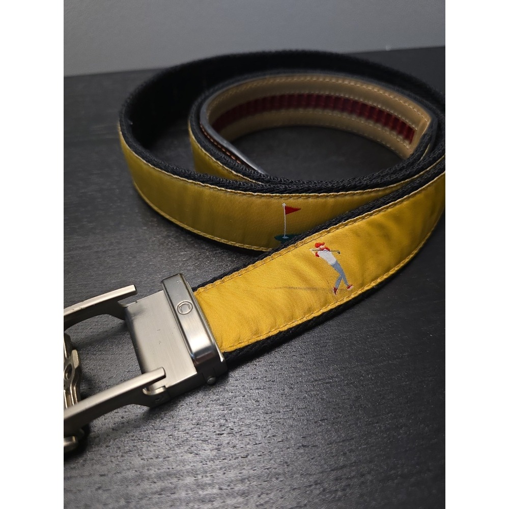 HTF Nexbelt Ratchet Golf Belt Yellow Golfer Putting Green Print Cut to Fit 47.5"